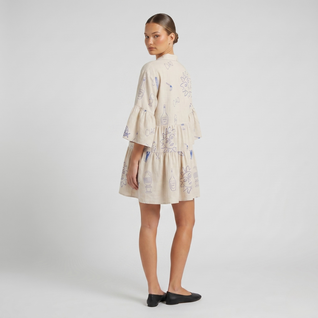 Women's Printed Dress – Loose Fit with Layered Hem and 3/4 Sleeve