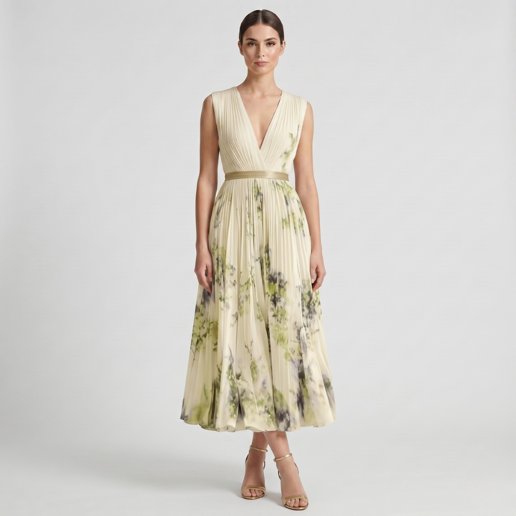 Aniela | Women's Pleated Midi Dress – Sweetheart Neckline and Floral Print