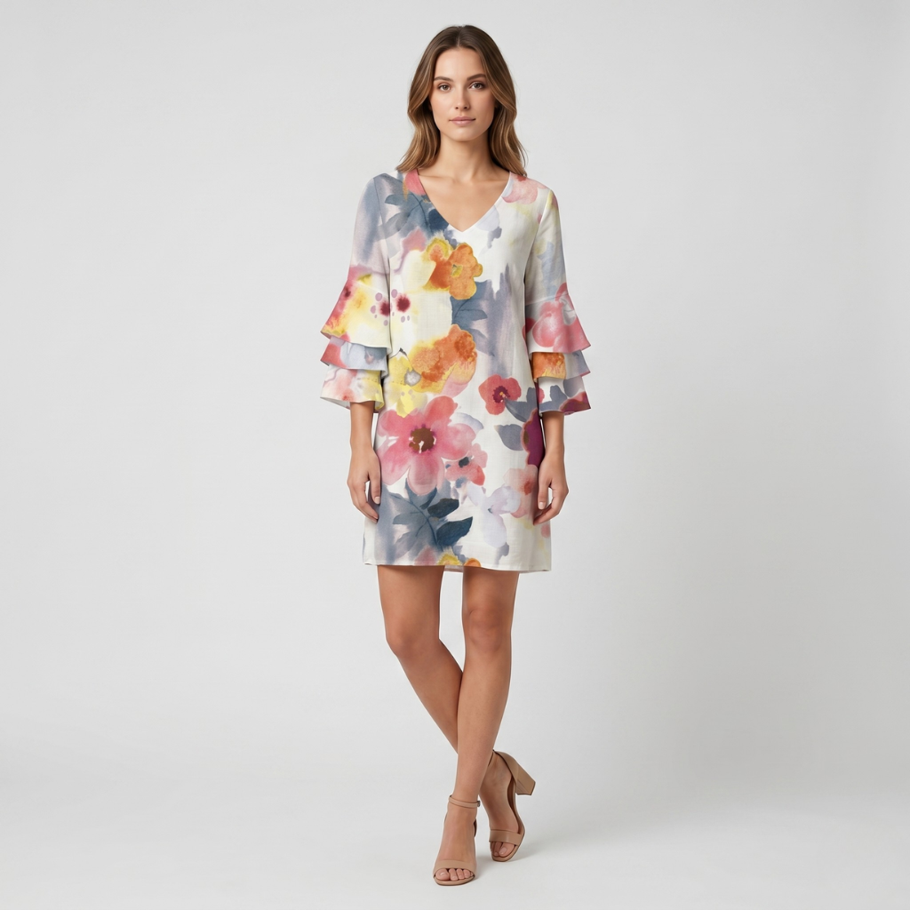 Diane | Women's Dress with Leaf Print – Sweetheart Neckline and 3/4 Sleeve