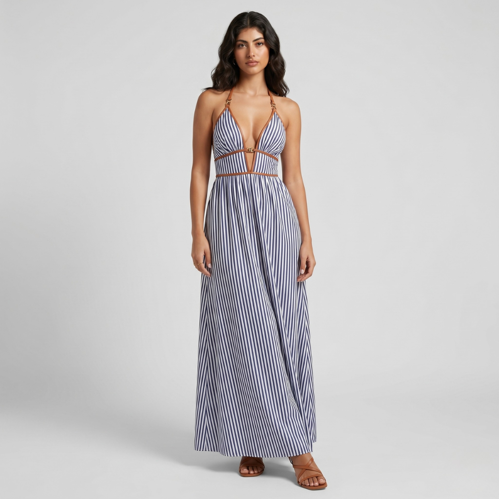 Maja | Women's Striped Maxi Dress – Halter Neckline and Light Summer Cut