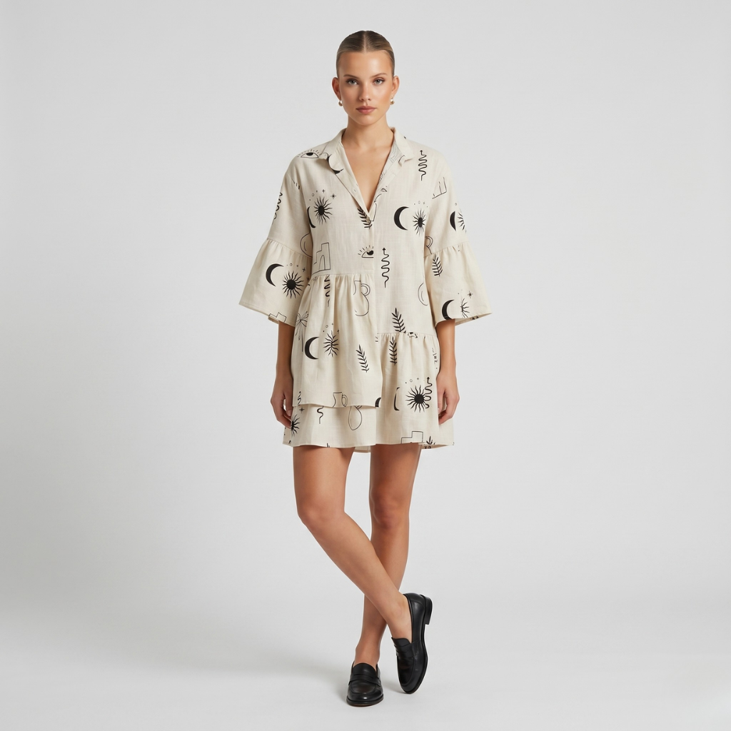Women's Printed Dress – Loose Fit with Layered Hem and 3/4 Sleeve
