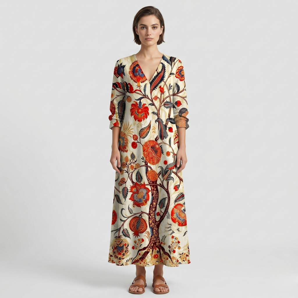 Kasia | Women's Printed Midi Dress – Sweetheart Neckline and Long Sleeves for Everyday Wear