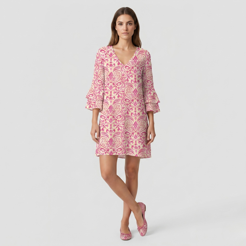 Diane | Women's Dress with Leaf Print – Sweetheart Neckline and 3/4 Sleeve