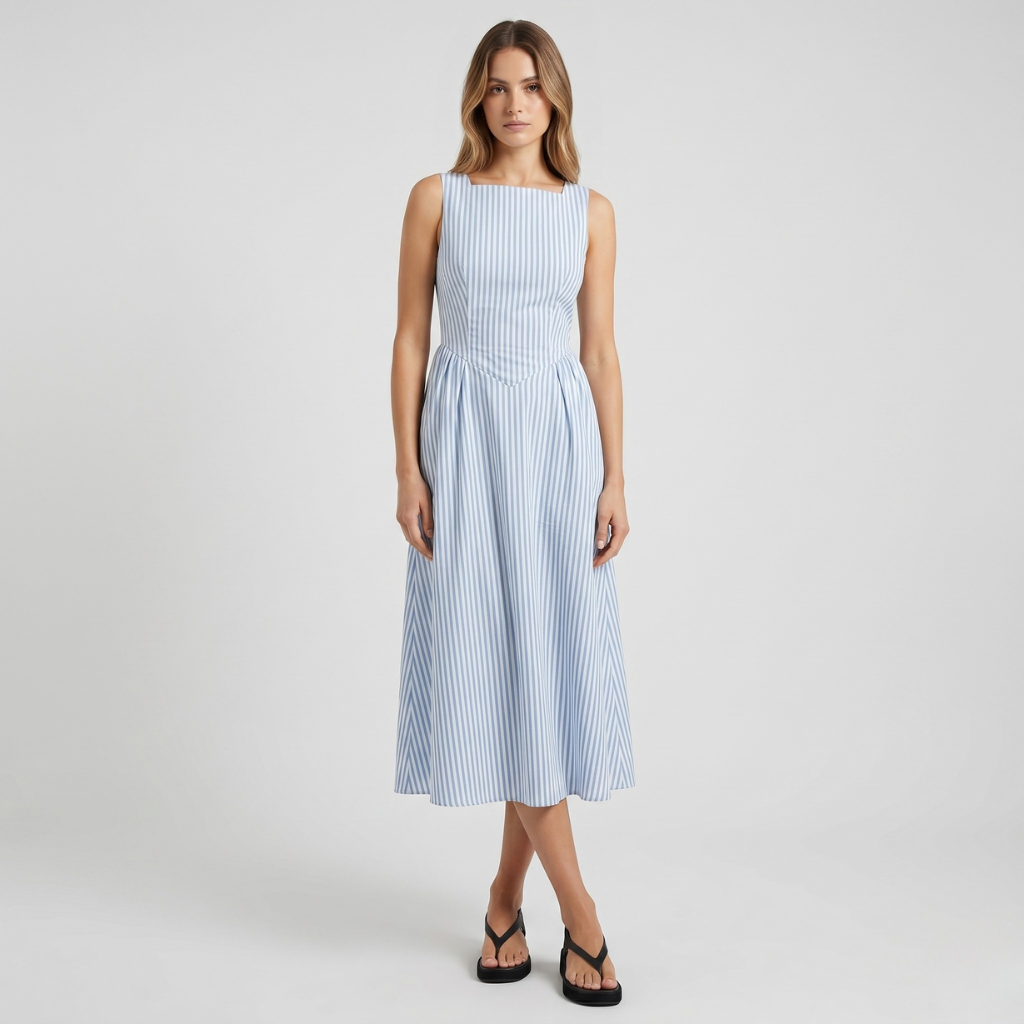 Nasha | Women's Striped Midi Dress – Sleeveless with Flared Hem