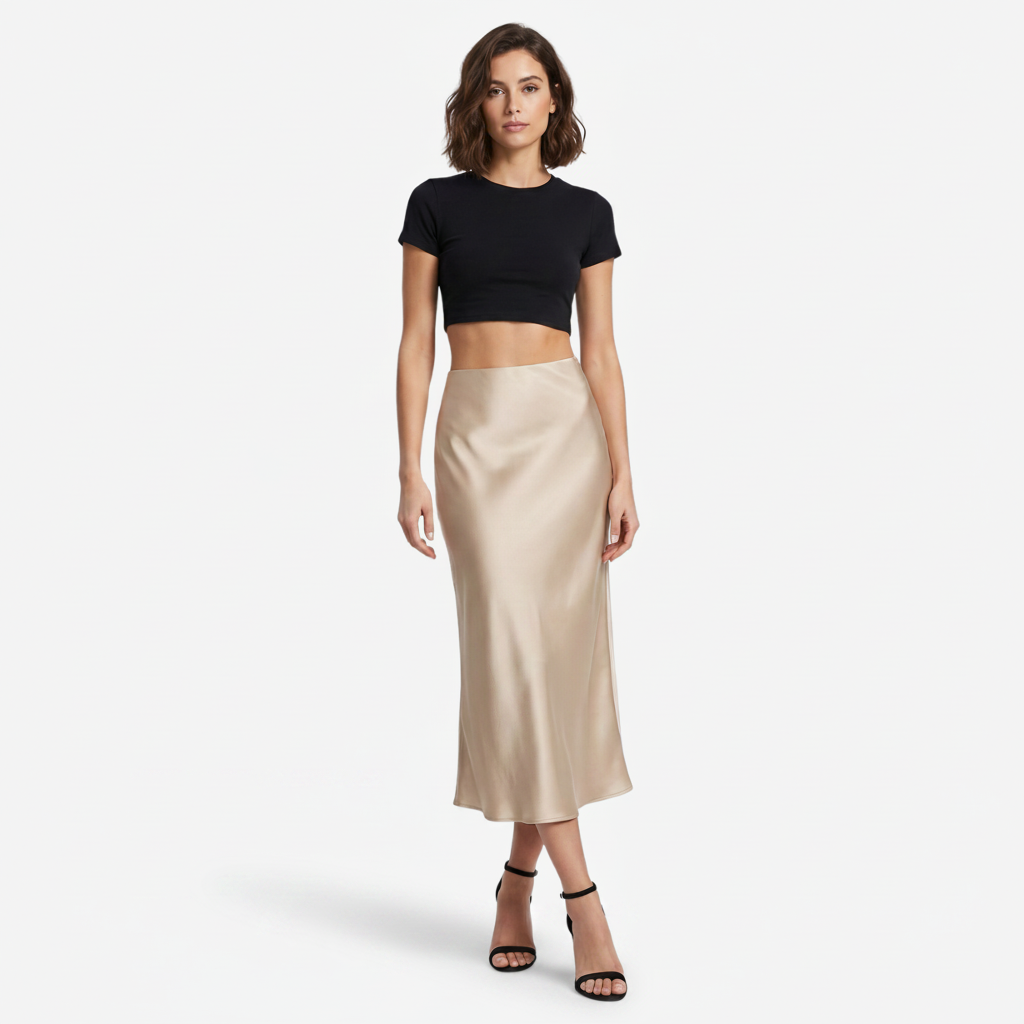 Ria | Women's Midi Skirt with Satin Finish – Lightweight Everyday Cut