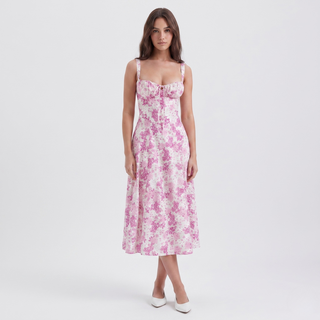 Alicja | Women's Midi Dress with Puff Sleeves – Square Neckline and Flared Cut