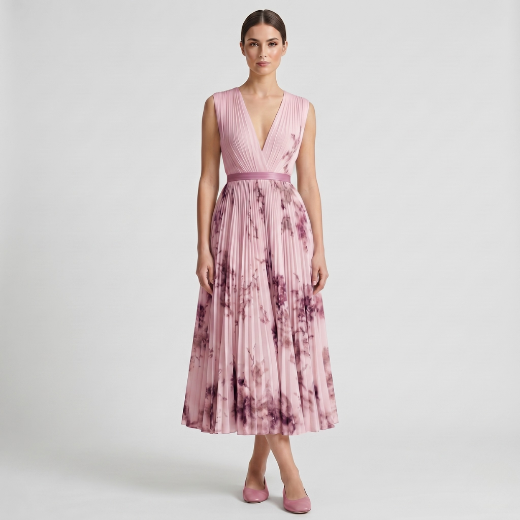 Aniela | Women's Pleated Midi Dress – Sweetheart Neckline and Floral Print