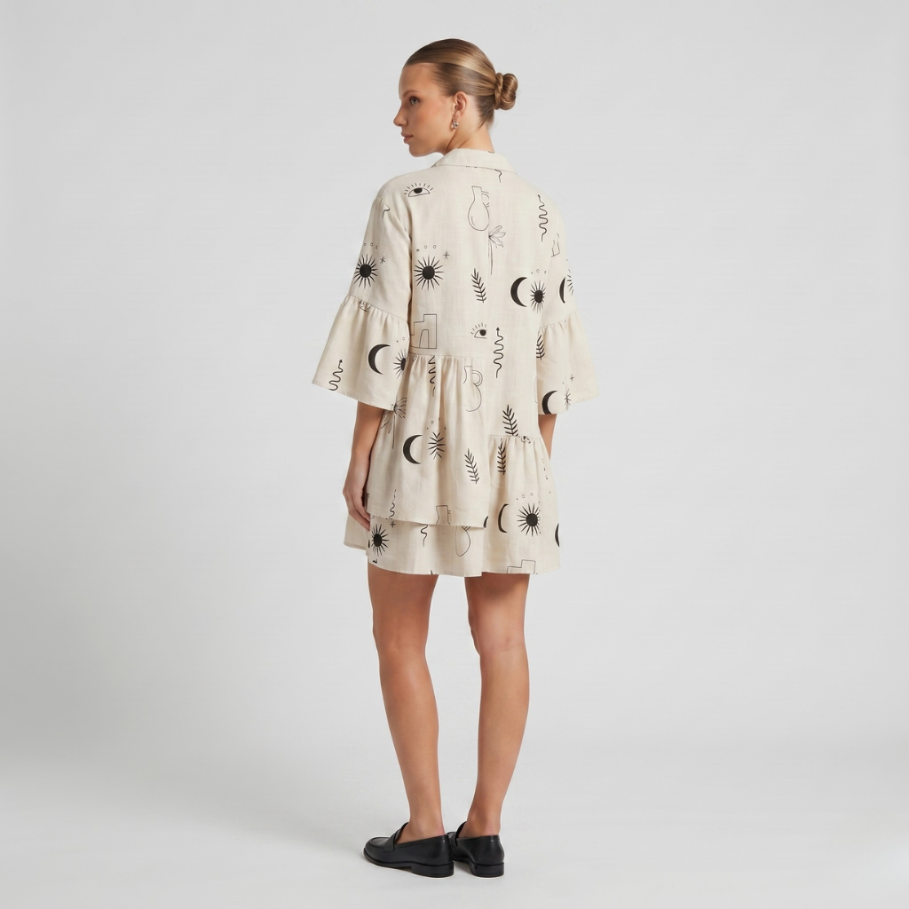 Women's Printed Dress – Loose Fit with Layered Hem and 3/4 Sleeve