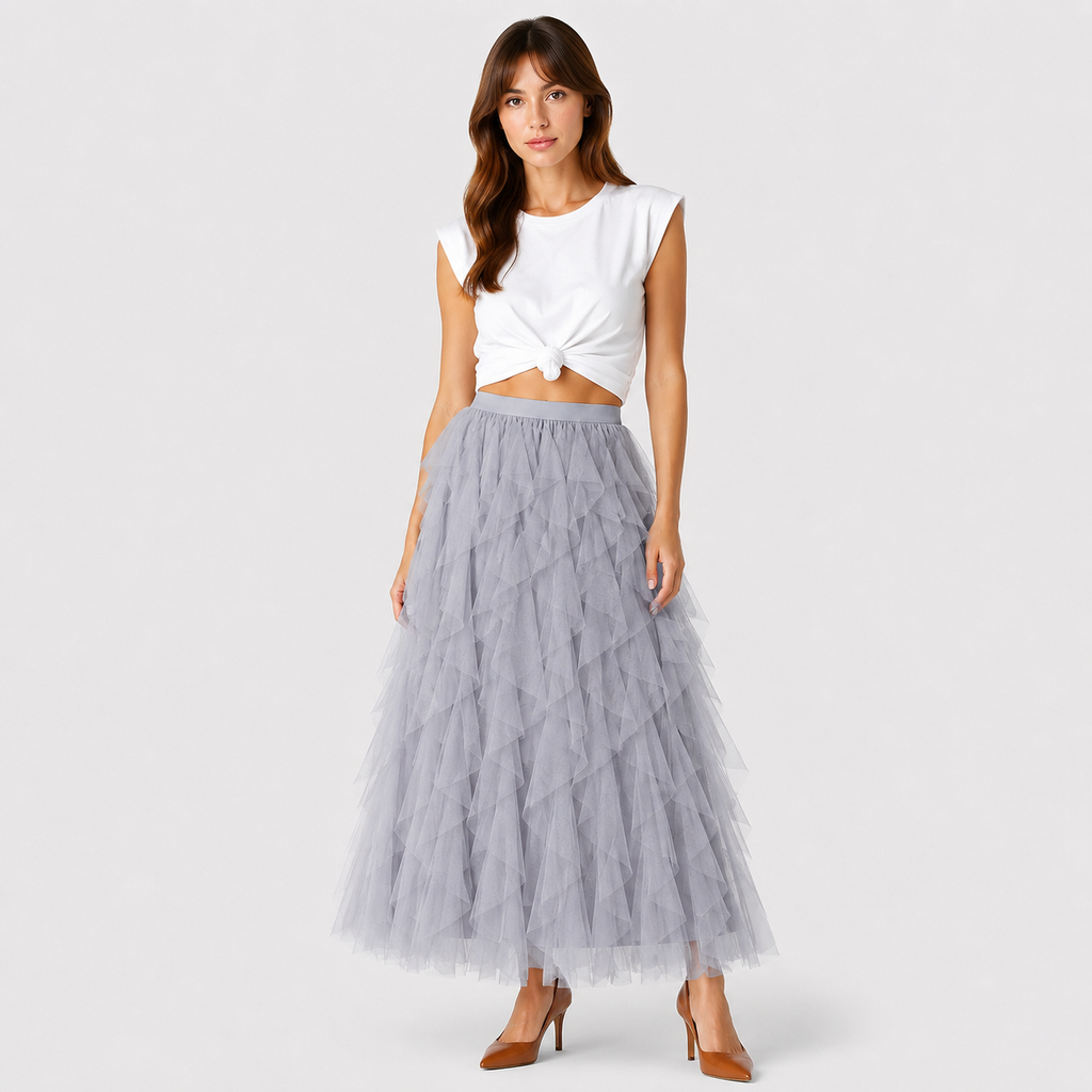 Małgorzata | Women's Long Skirt – Layered Design with Tulle Ruffles