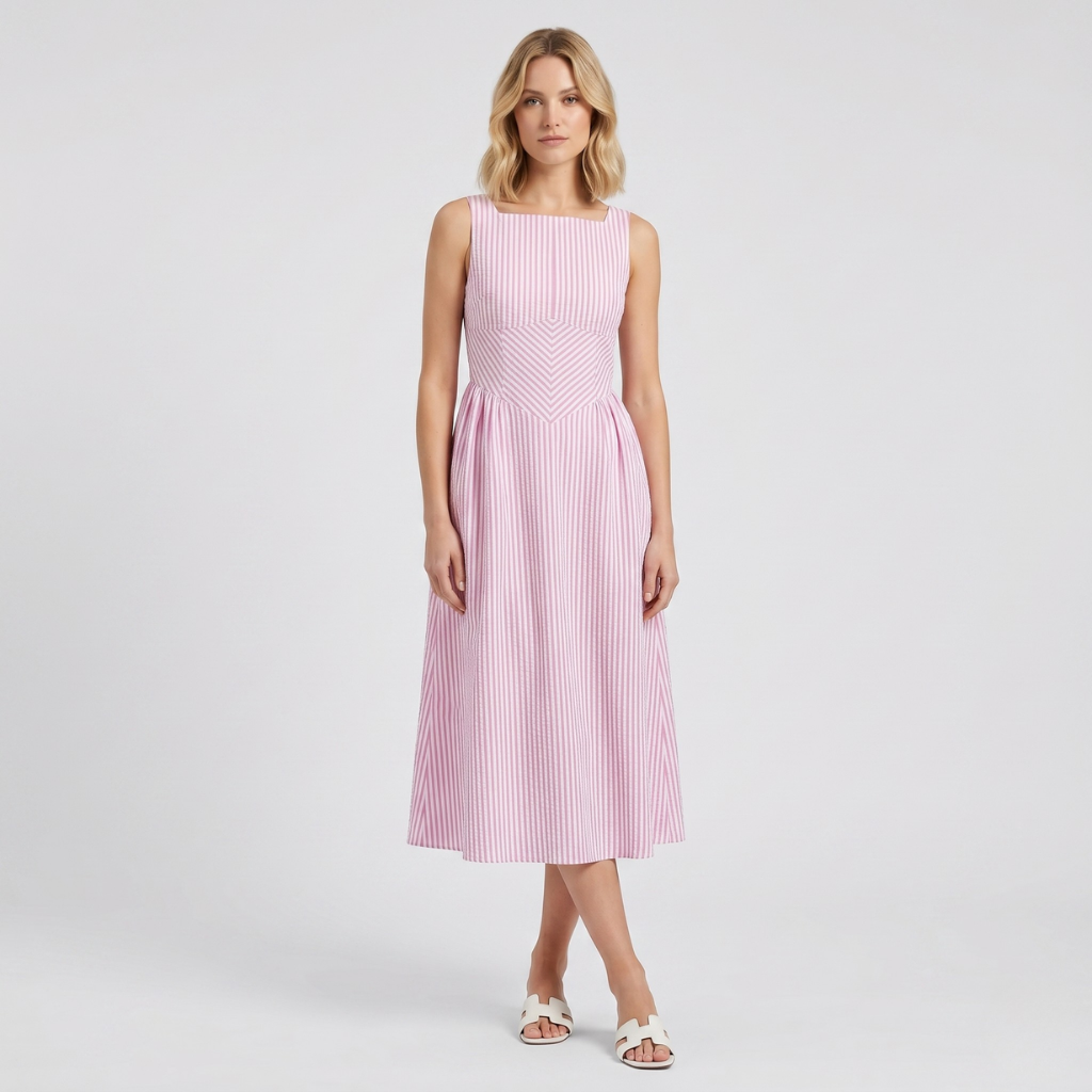 Nasha | Women's Striped Midi Dress – Sleeveless with Flared Hem