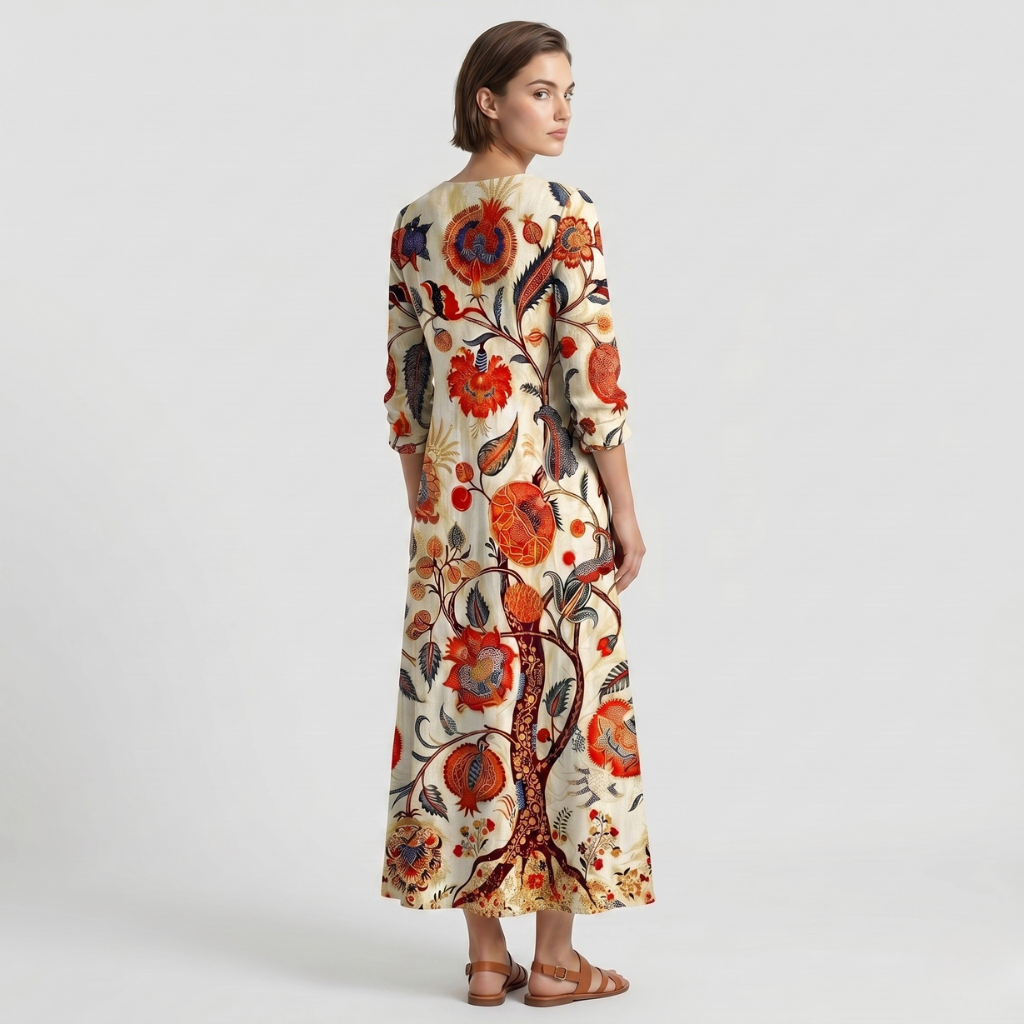 Kasia | Women's Printed Midi Dress – Sweetheart Neckline and Long Sleeves for Everyday Wear