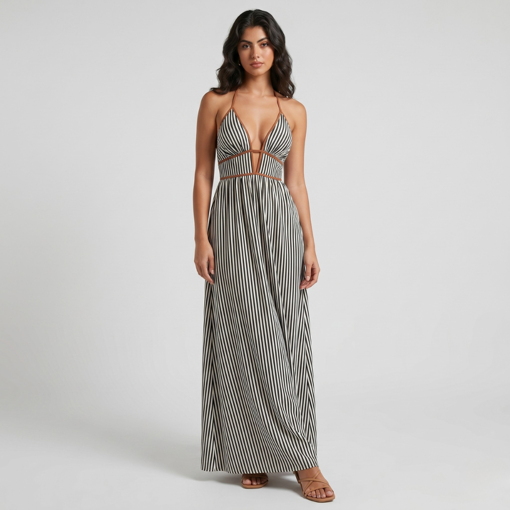 Maja | Women's Striped Maxi Dress – Halter Neckline and Light Summer Cut