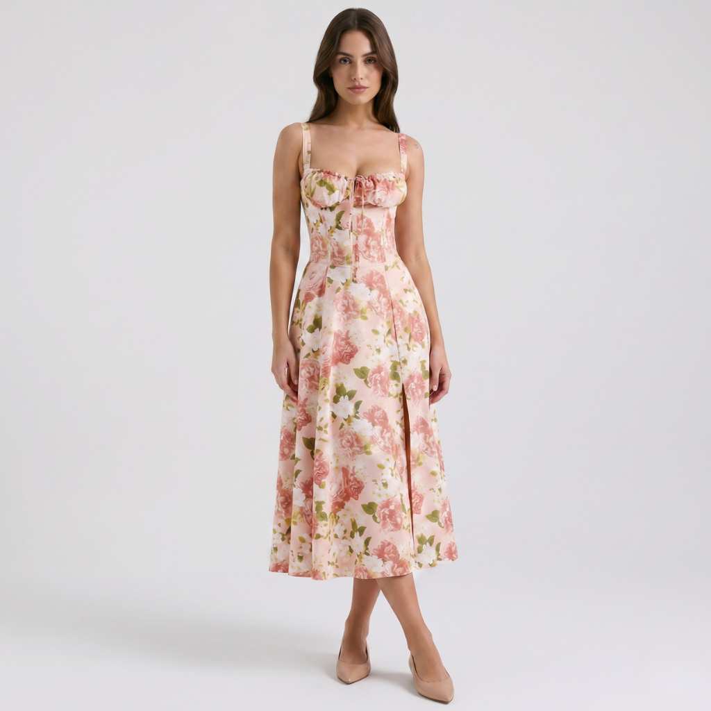 Alicja | Women's Midi Dress with Puff Sleeves – Square Neckline and Flared Cut