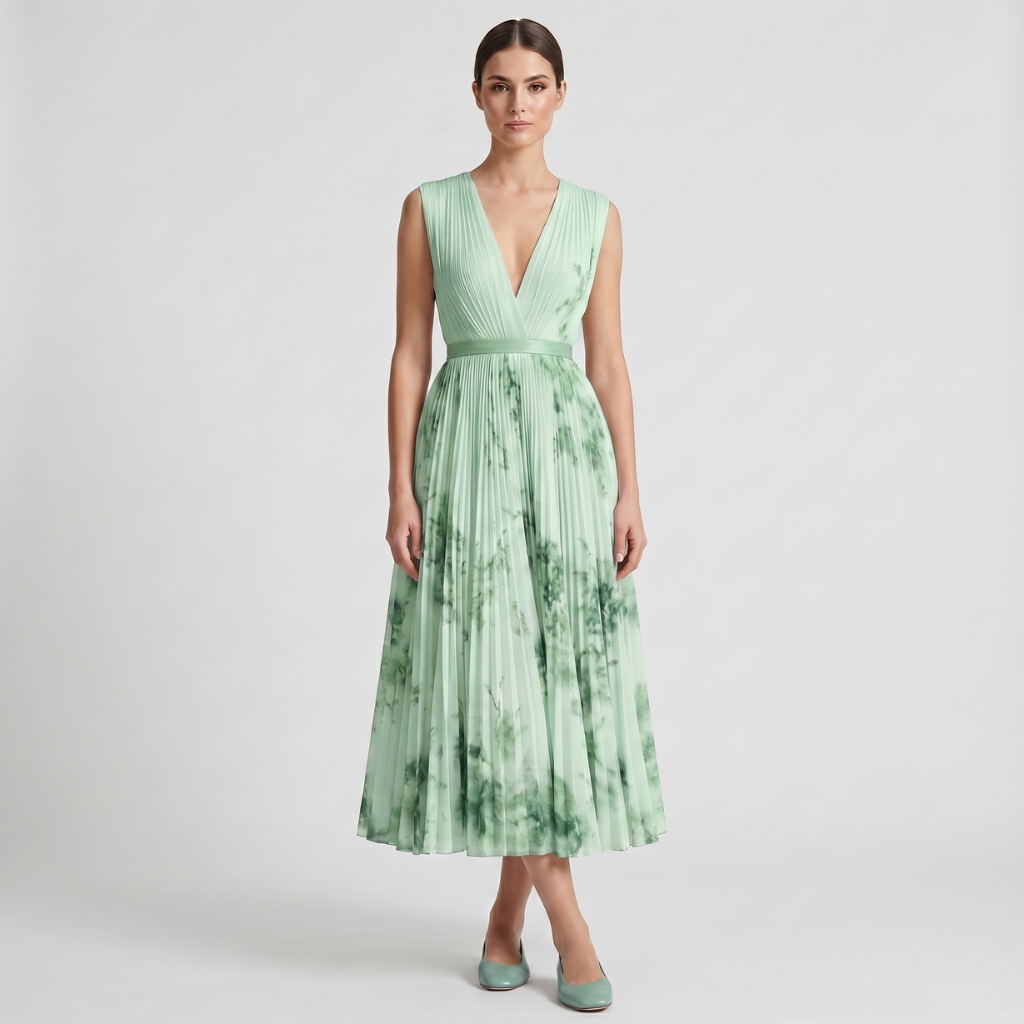 Aniela | Women's Pleated Midi Dress – Sweetheart Neckline and Floral Print