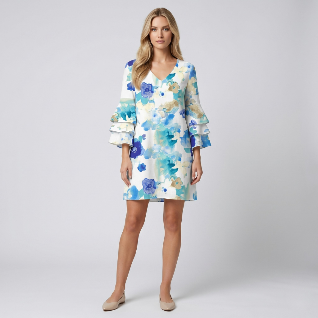 Diane | Women's Dress with Leaf Print – Sweetheart Neckline and 3/4 Sleeve