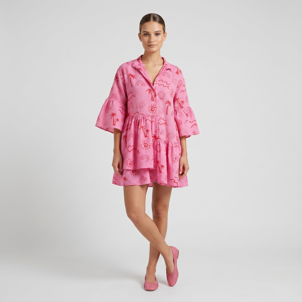 Women's Printed Dress – Loose Fit with Layered Hem and 3/4 Sleeve
