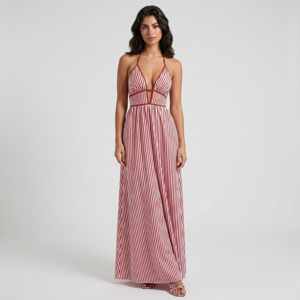 Maja | Women's Striped Maxi Dress – Halter Neckline and Light Summer Cut