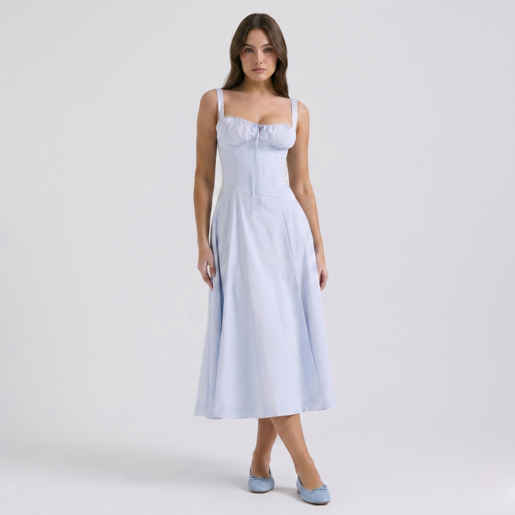Alicja | Women's Midi Dress with Puff Sleeves – Square Neckline and Flared Cut