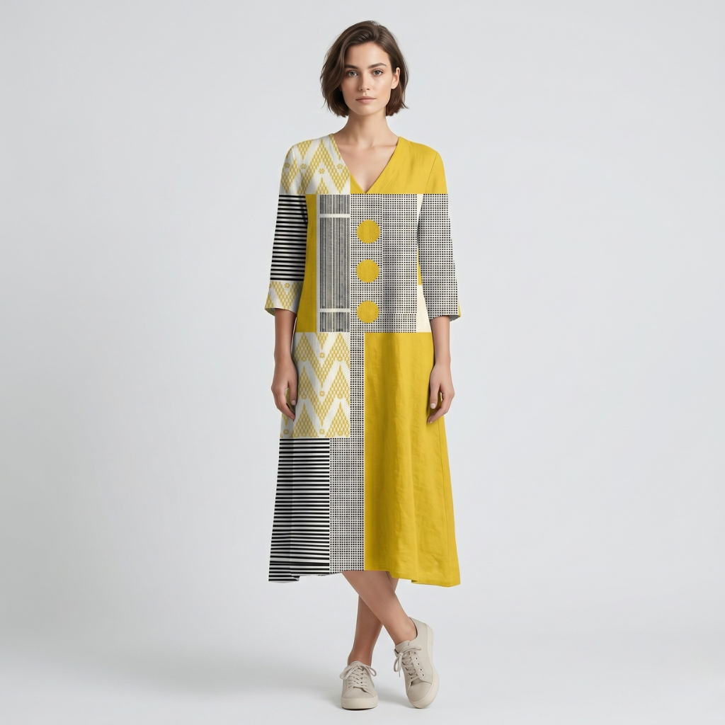 Kasia | Women's Printed Midi Dress – Sweetheart Neckline and Long Sleeves for Everyday Wear
