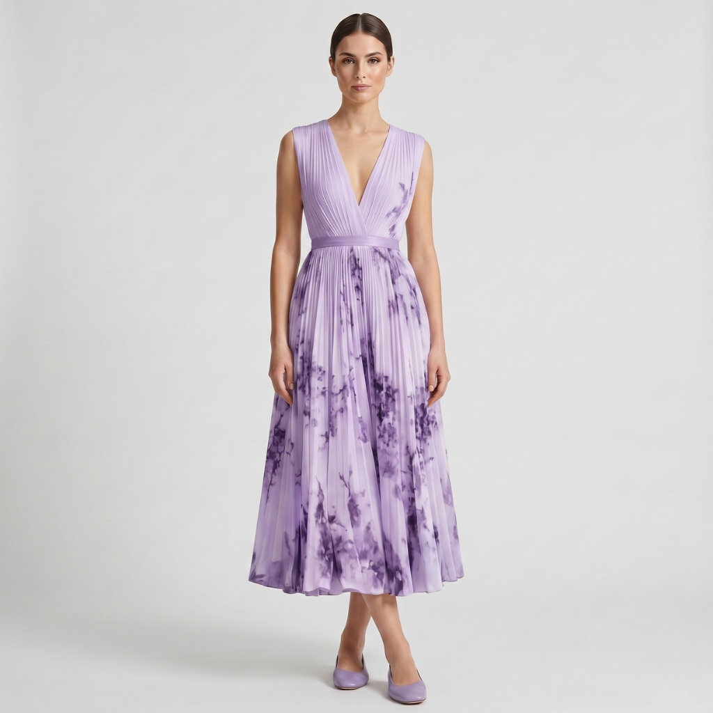 Aniela | Women's Pleated Midi Dress – Sweetheart Neckline and Floral Print