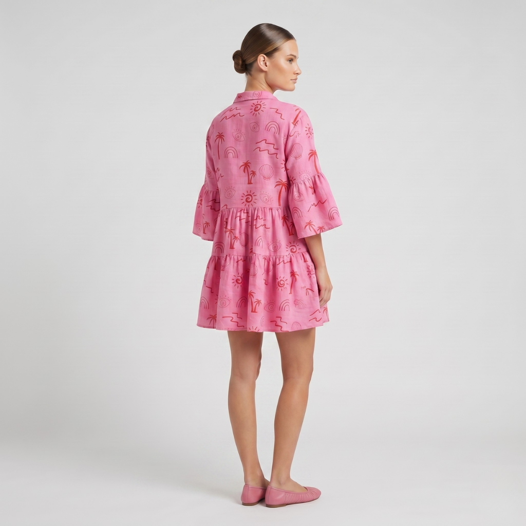 Women's Printed Dress – Loose Fit with Layered Hem and 3/4 Sleeve