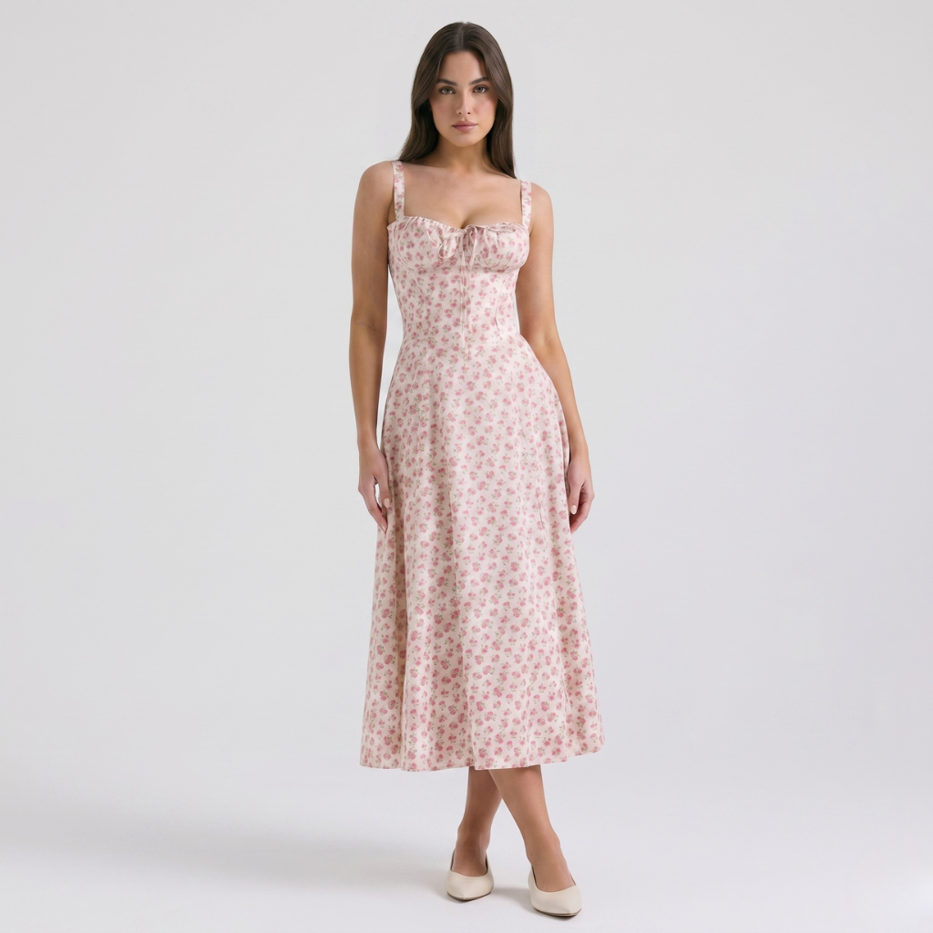 Alicja | Women's Midi Dress with Puff Sleeves – Square Neckline and Flared Cut