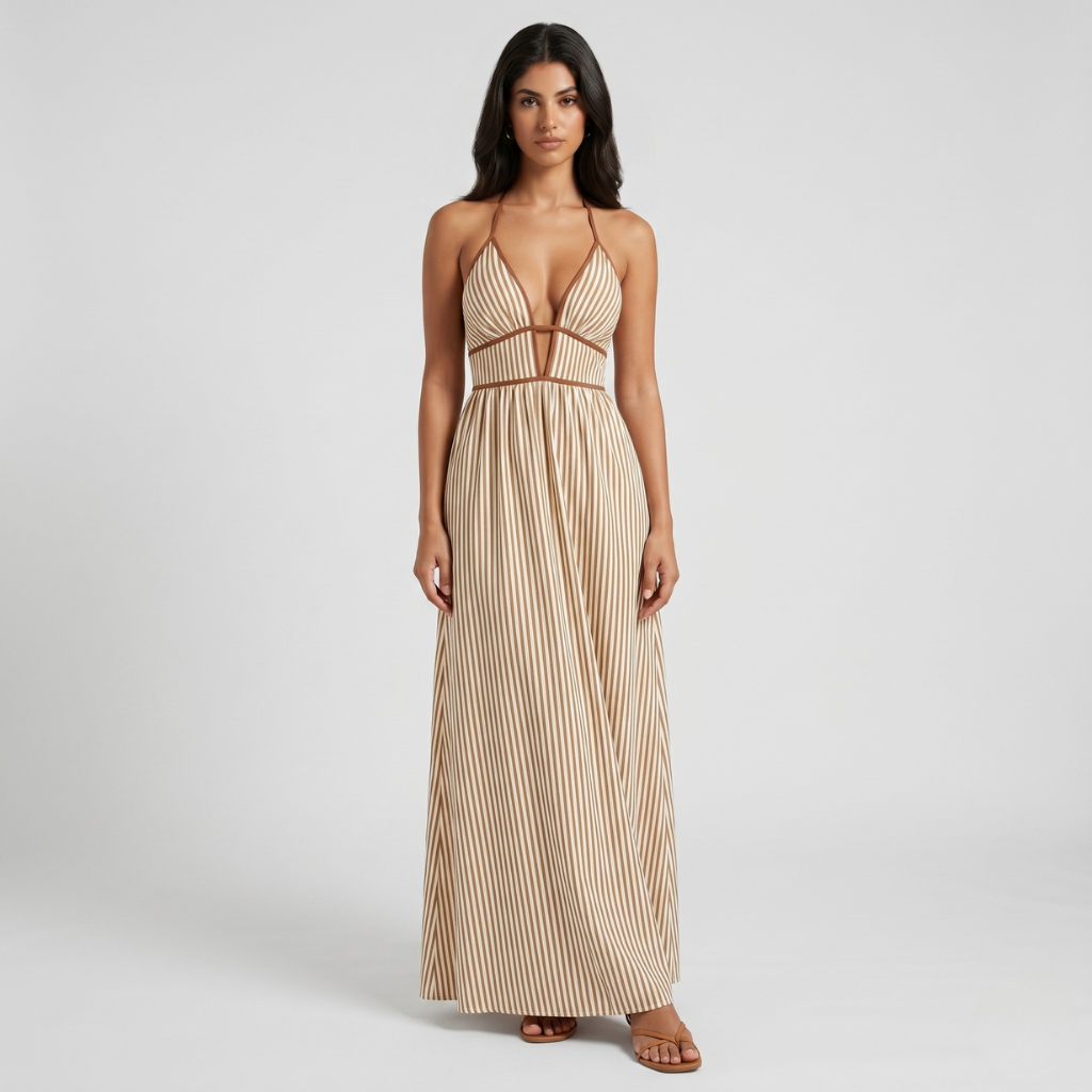 Maja | Women's Striped Maxi Dress – Halter Neckline and Light Summer Cut
