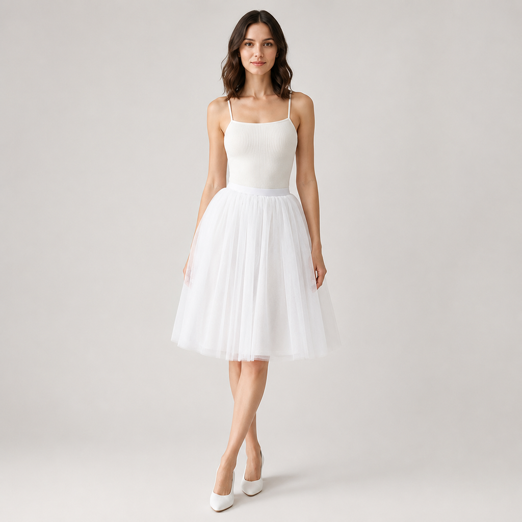 Teofila | Women's Tulle Midi Skirt – Lightweight Pleated Skirt with Elastic Waistband