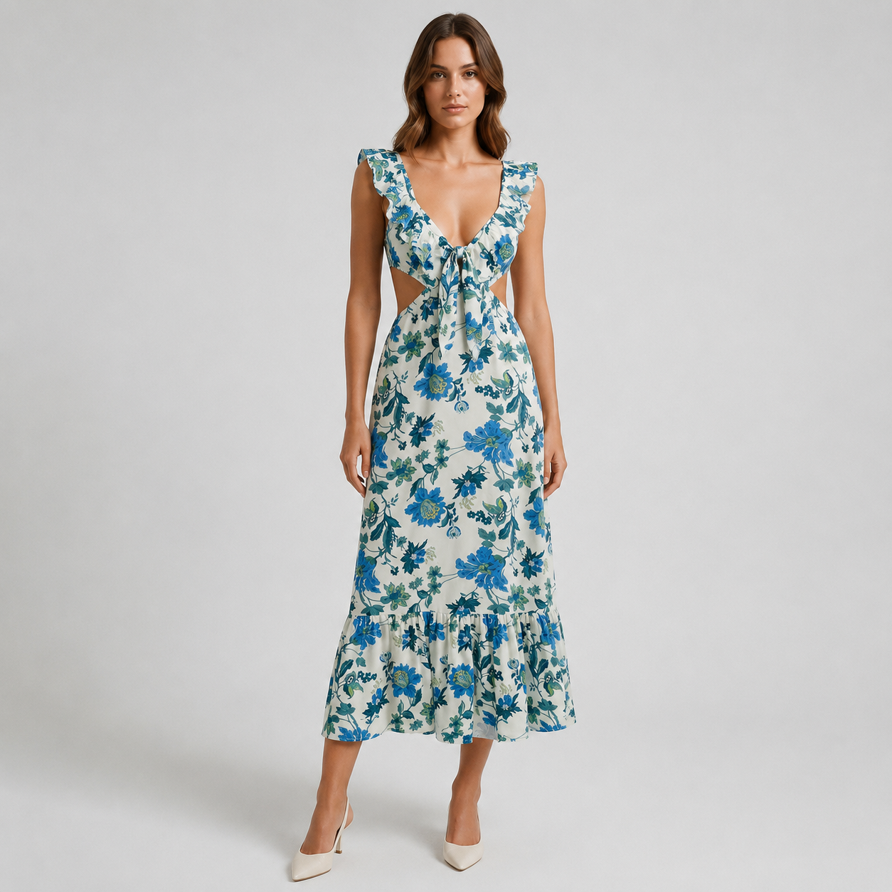 Irena | Women's Floral Midi Dress – Ruffles and Sweetheart Neckline for Summer