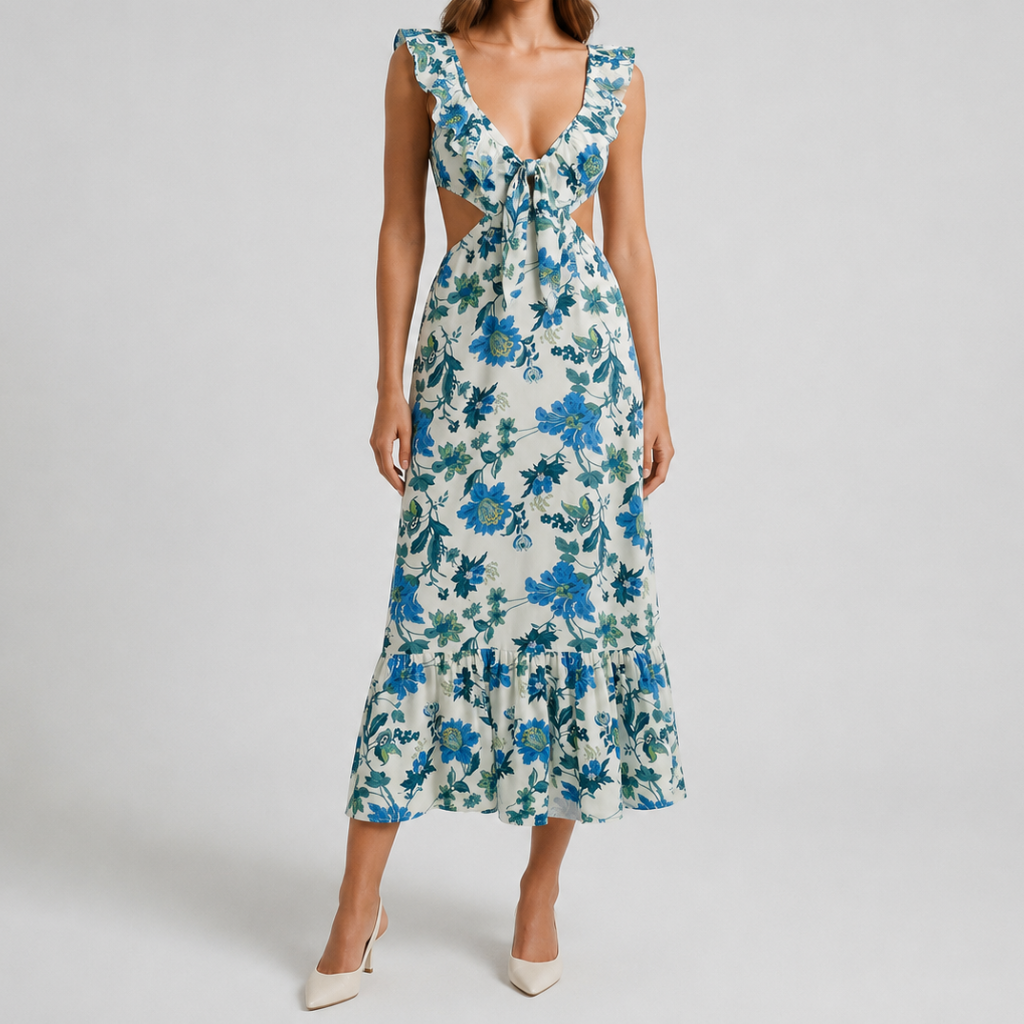 Irena | Women's Floral Midi Dress – Ruffles and Sweetheart Neckline for Summer