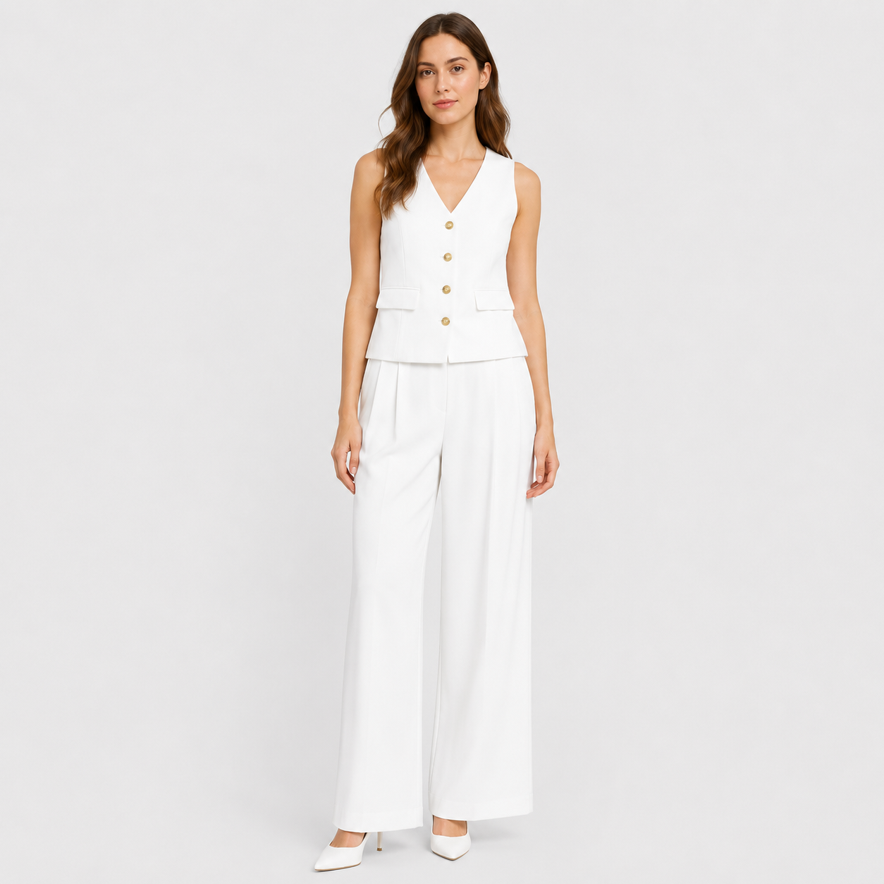 Milena | Women's Elegant Set – V-Neck Vest and Wide-Leg Pants