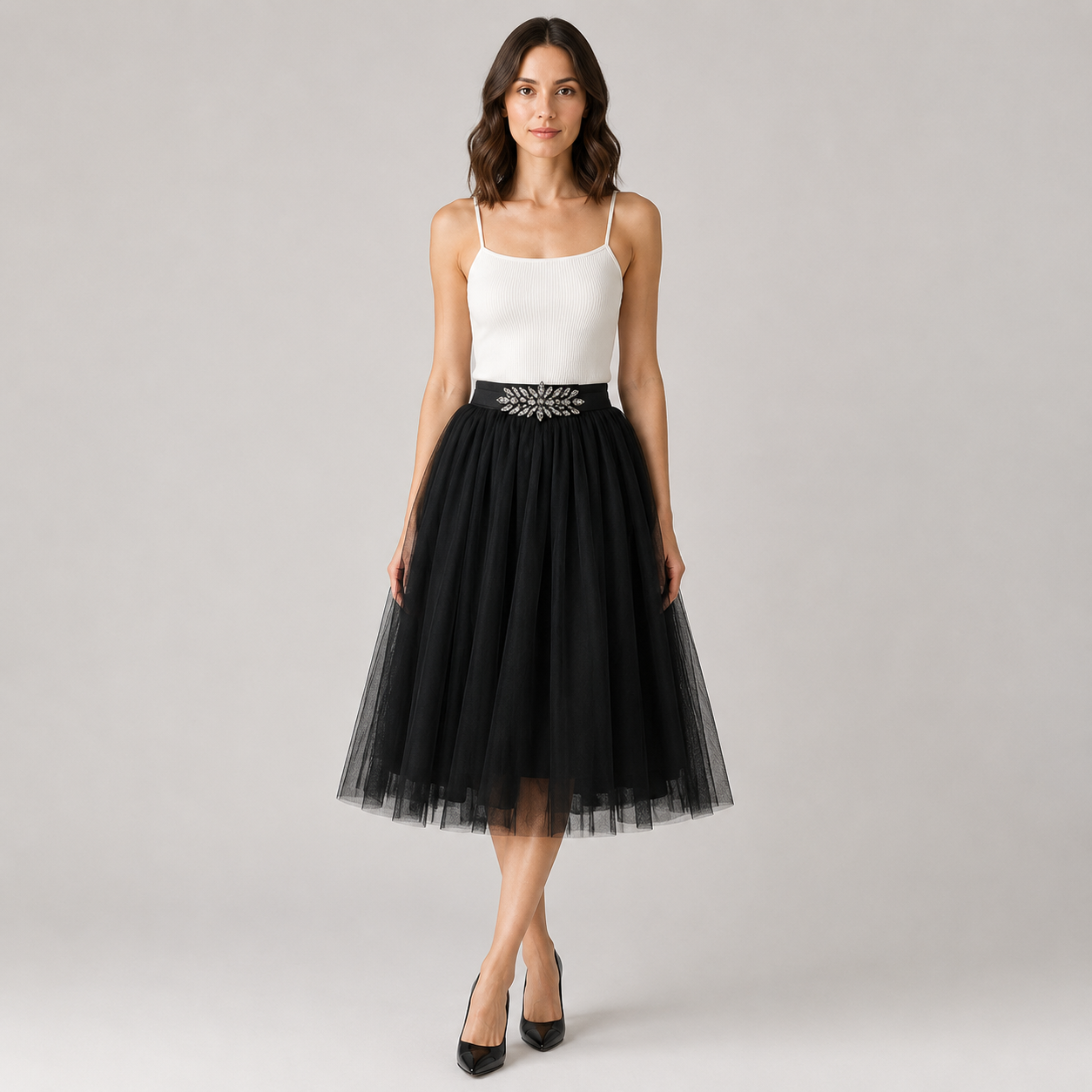 Teofila | Women's Tulle Midi Skirt – Lightweight Pleated Skirt with Elastic Waistband
