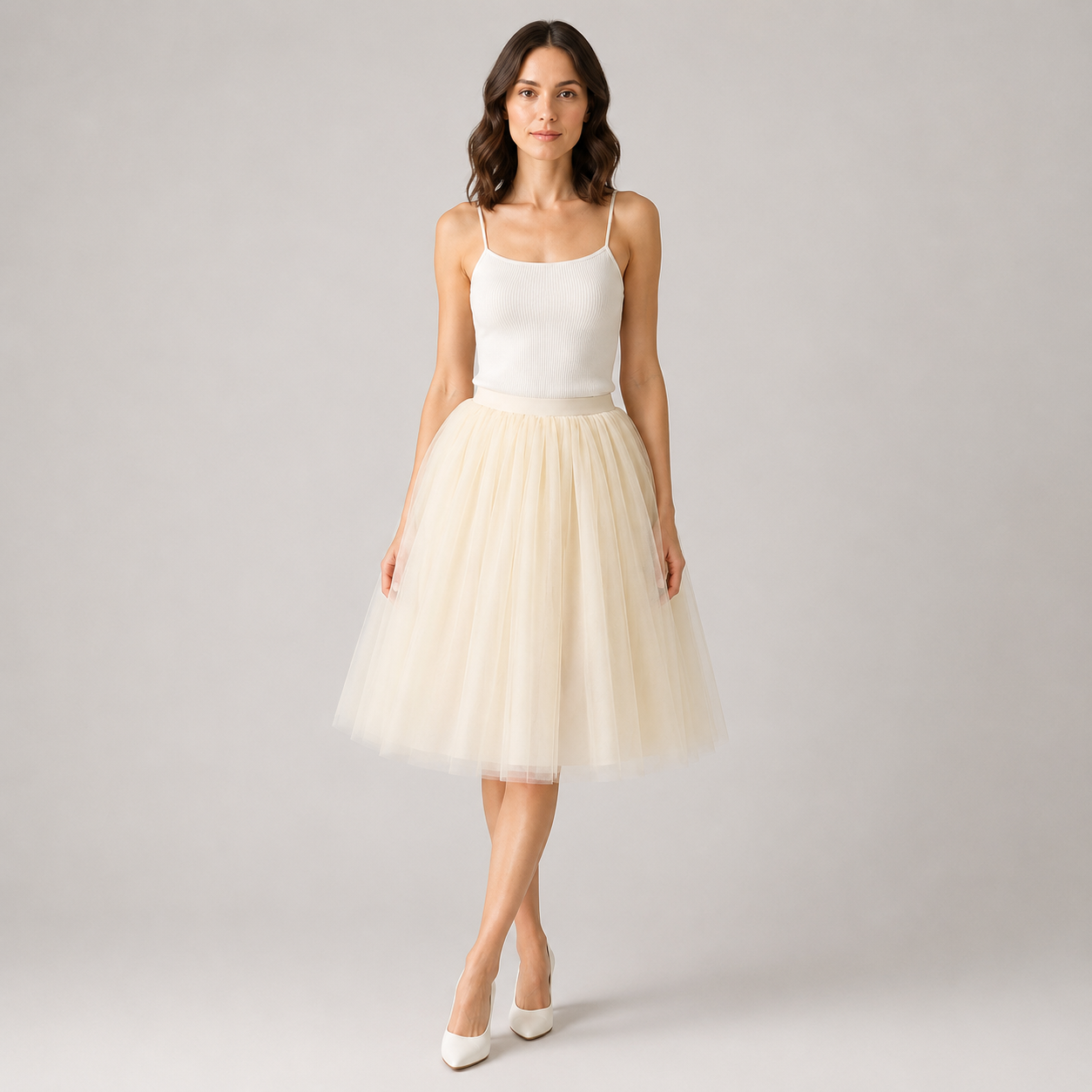 Teofila | Women's Tulle Midi Skirt – Lightweight Pleated Skirt with Elastic Waistband