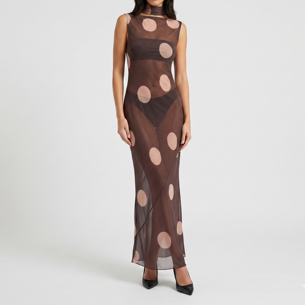 Nika | Women's Polka Dot Maxi Dress – Sheer Fabric, Sleeveless
