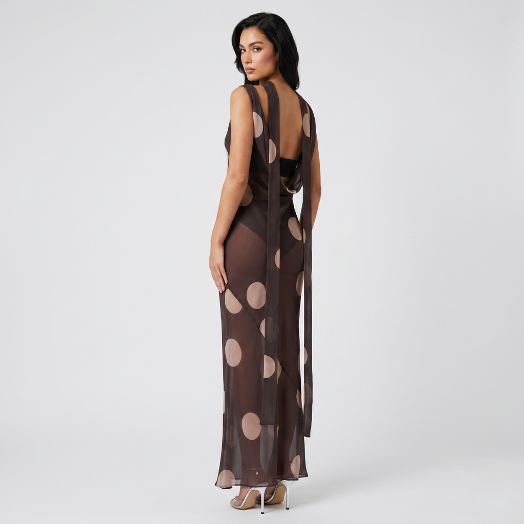 Nika | Women's Polka Dot Maxi Dress – Sheer Fabric, Sleeveless